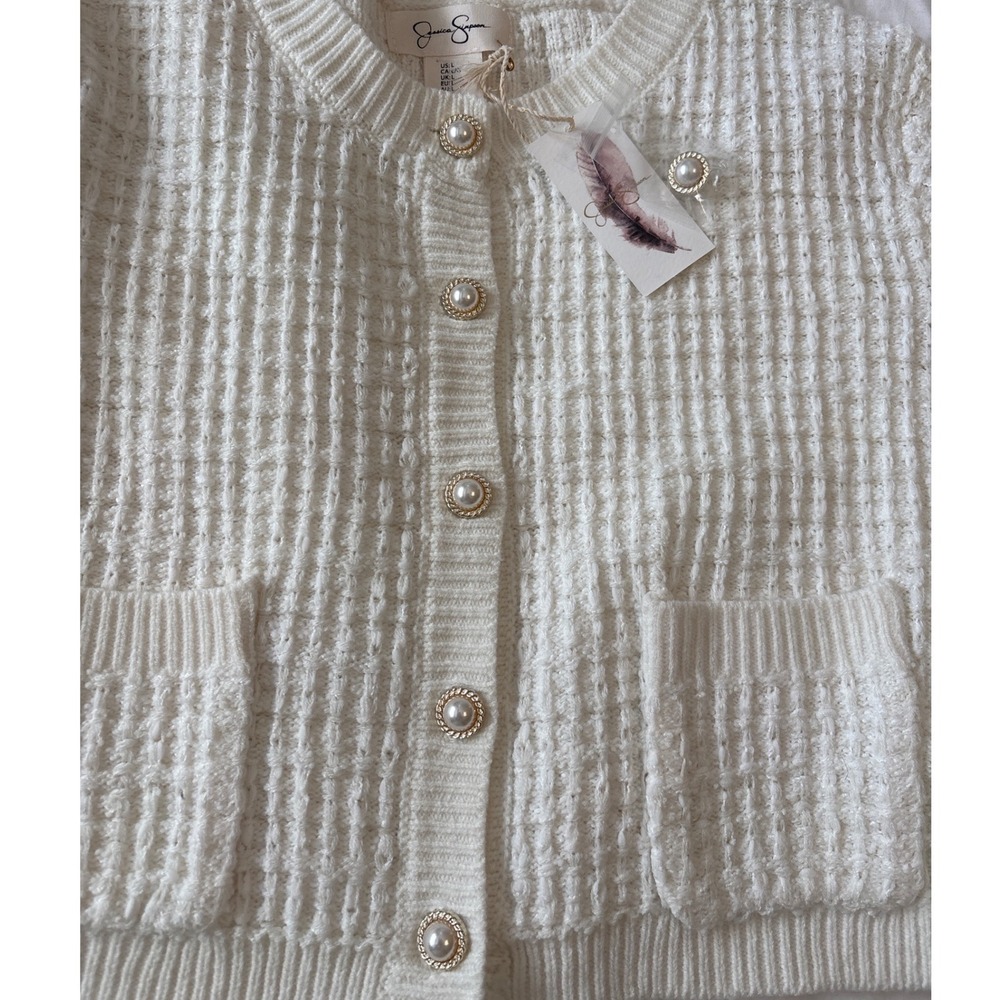 Jessica Simpson Womens Cream White Textured Knit Cropped Pearl Button Cardigan L - Picture 7 of 8
